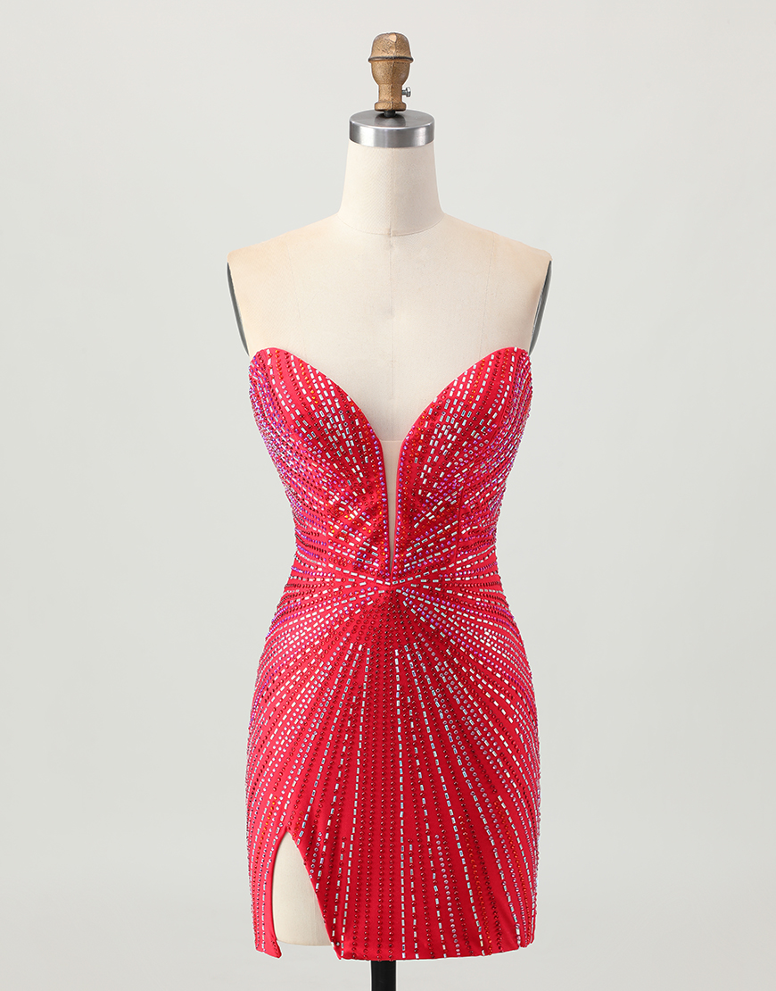 Sparkly Red Beaded Tight Short Homecoming Dress with Slit