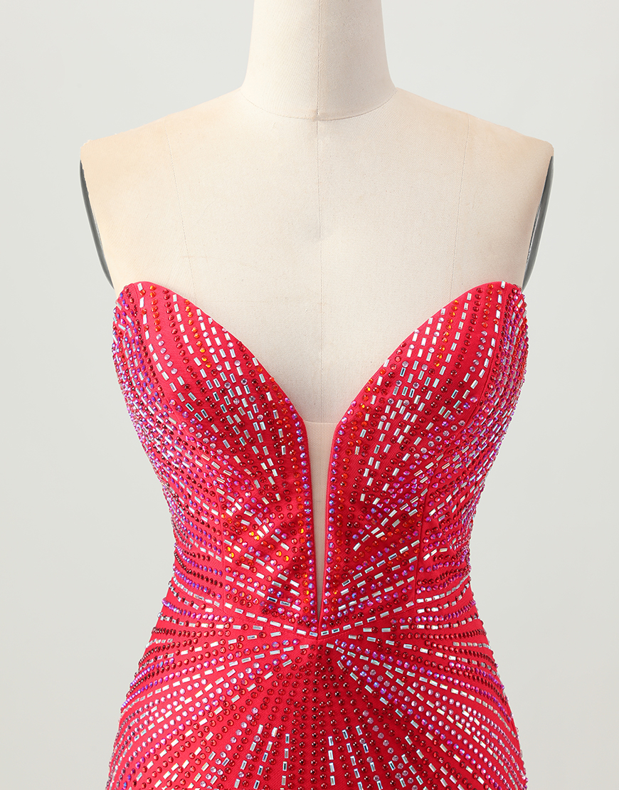 Sparkly Red Beaded Tight Short Homecoming Dress with Slit