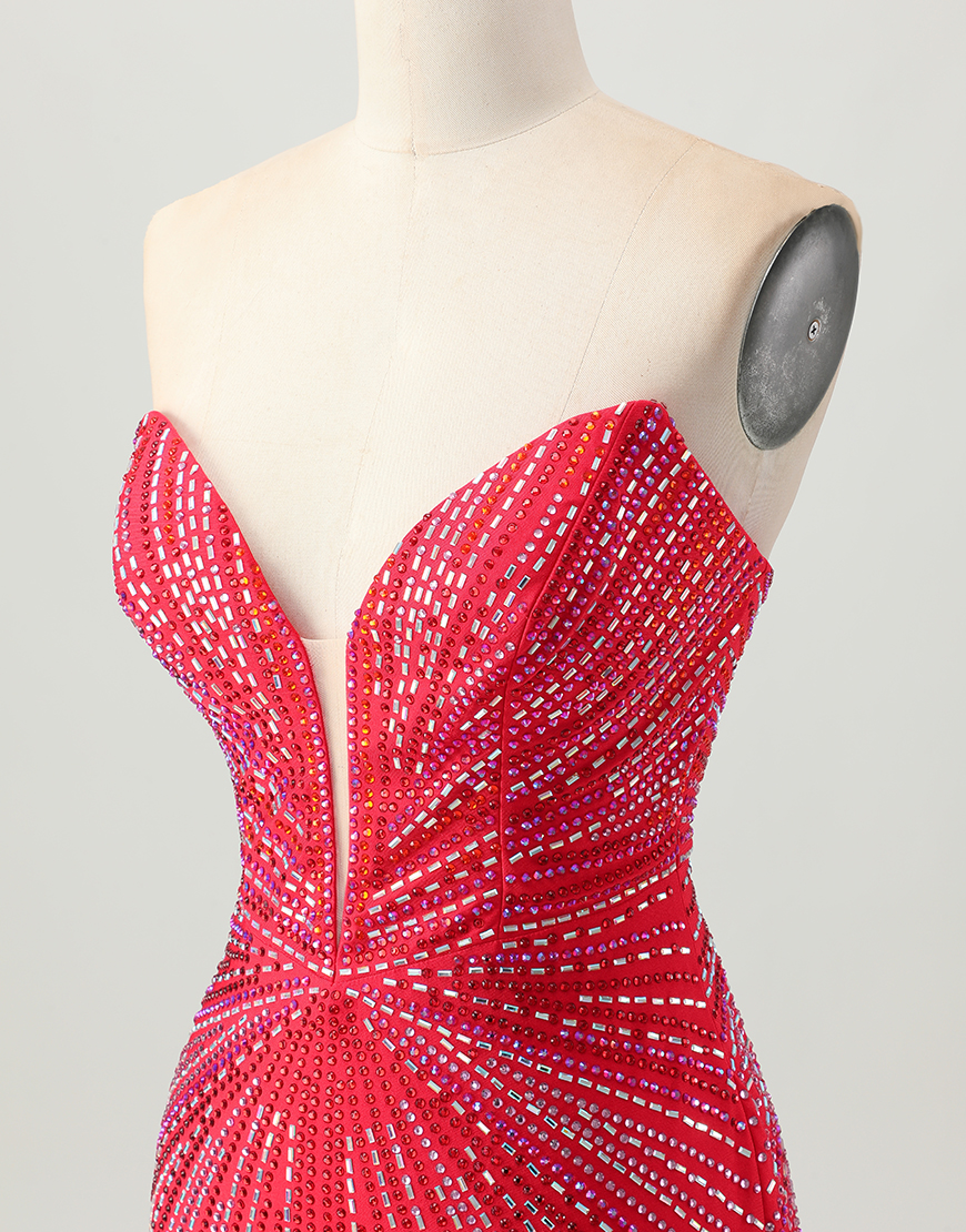 Sparkly Red Beaded Tight Short Homecoming Dress with Slit