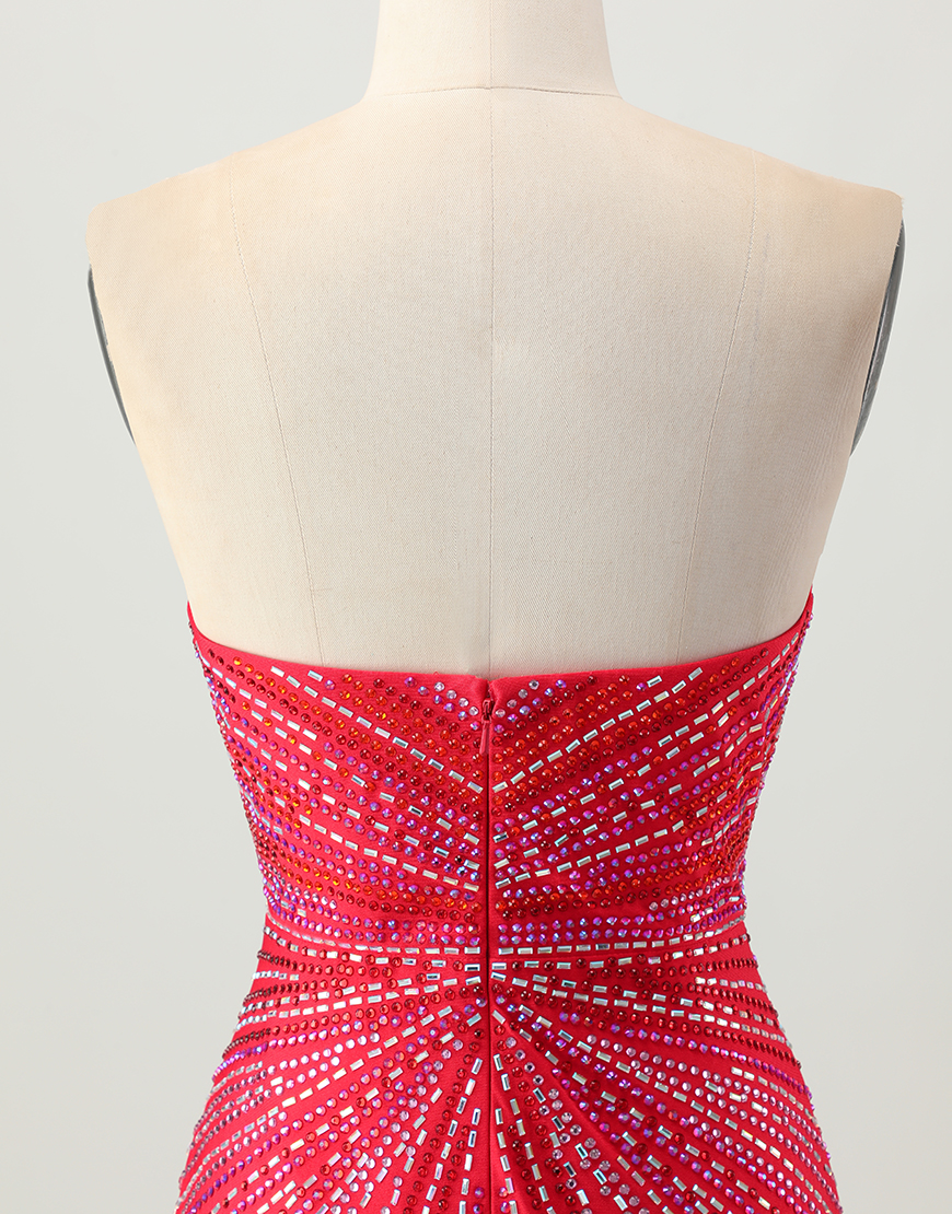Sparkly Red Beaded Tight Short Homecoming Dress with Slit