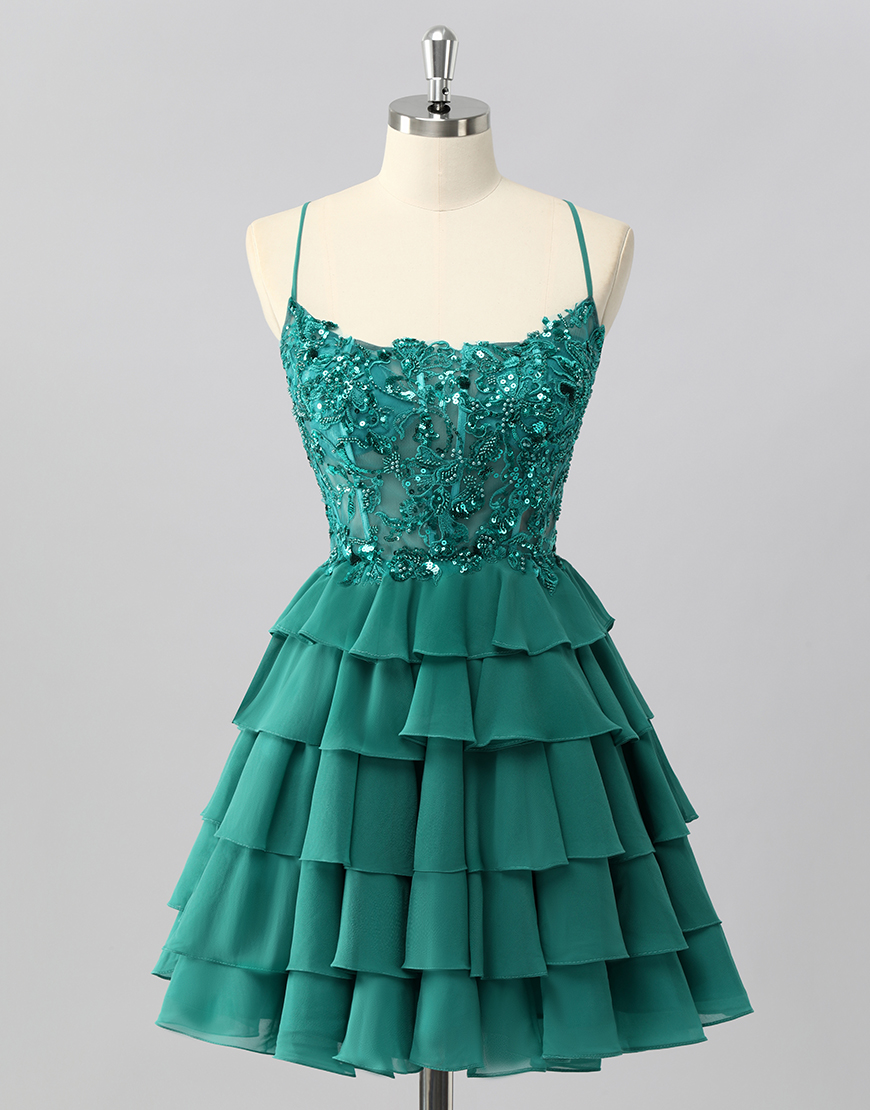 Sparkly Dark Green Short Corset Tiered Homecoming Dress with Beading