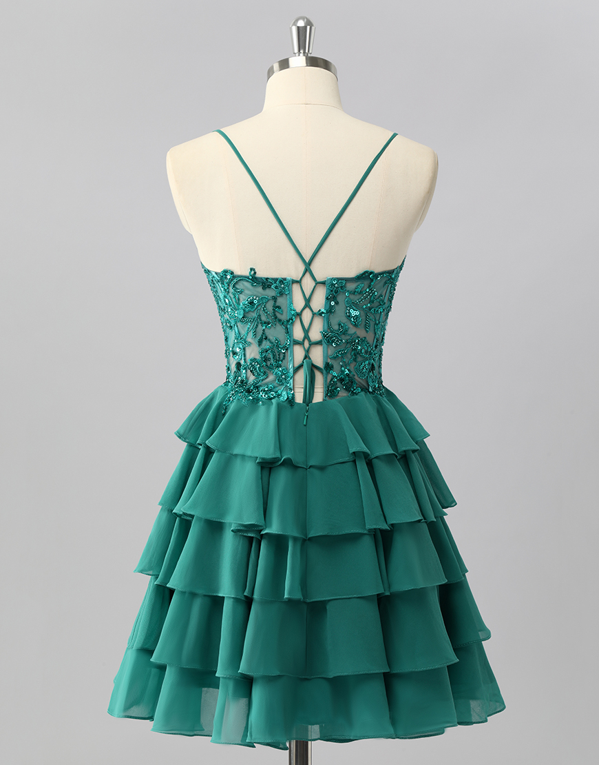 Sparkly Dark Green Short Corset Tiered Homecoming Dress with Beading