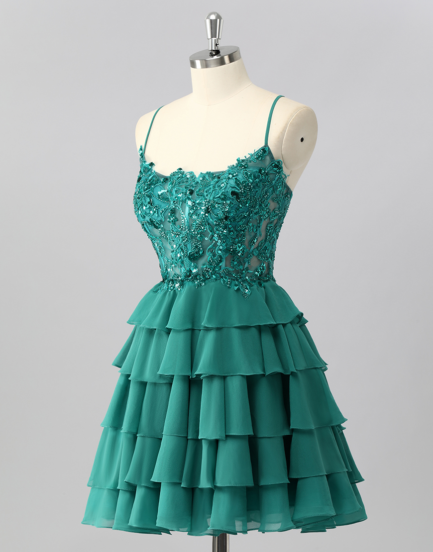 Sparkly Dark Green Short Corset Tiered Homecoming Dress with Beading