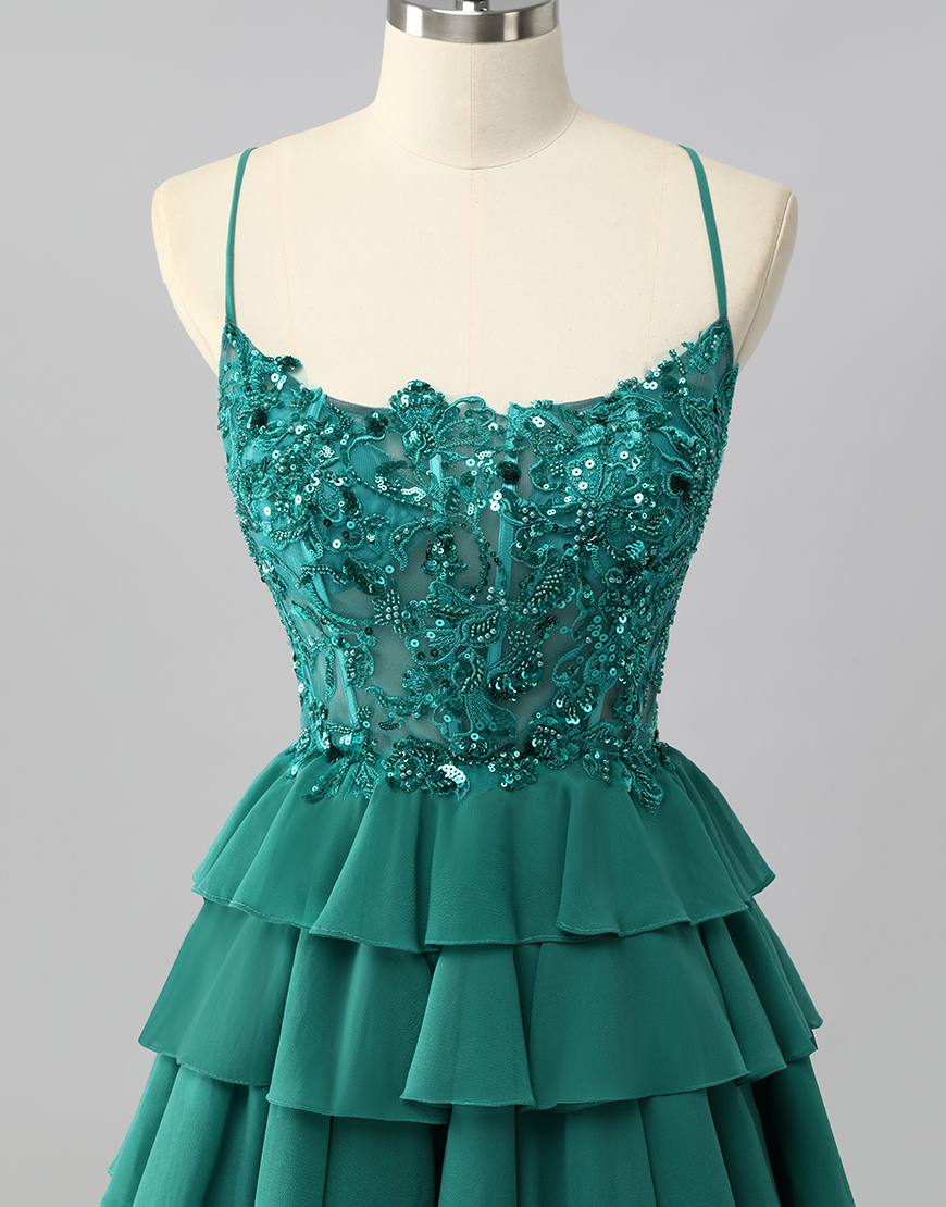 Sparkly Dark Green Short Corset Tiered Homecoming Dress with Beading