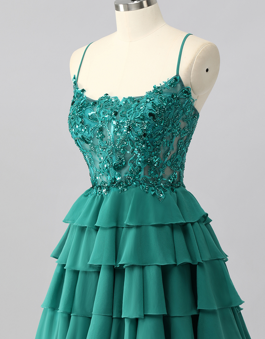Sparkly Dark Green Short Corset Tiered Homecoming Dress with Beading