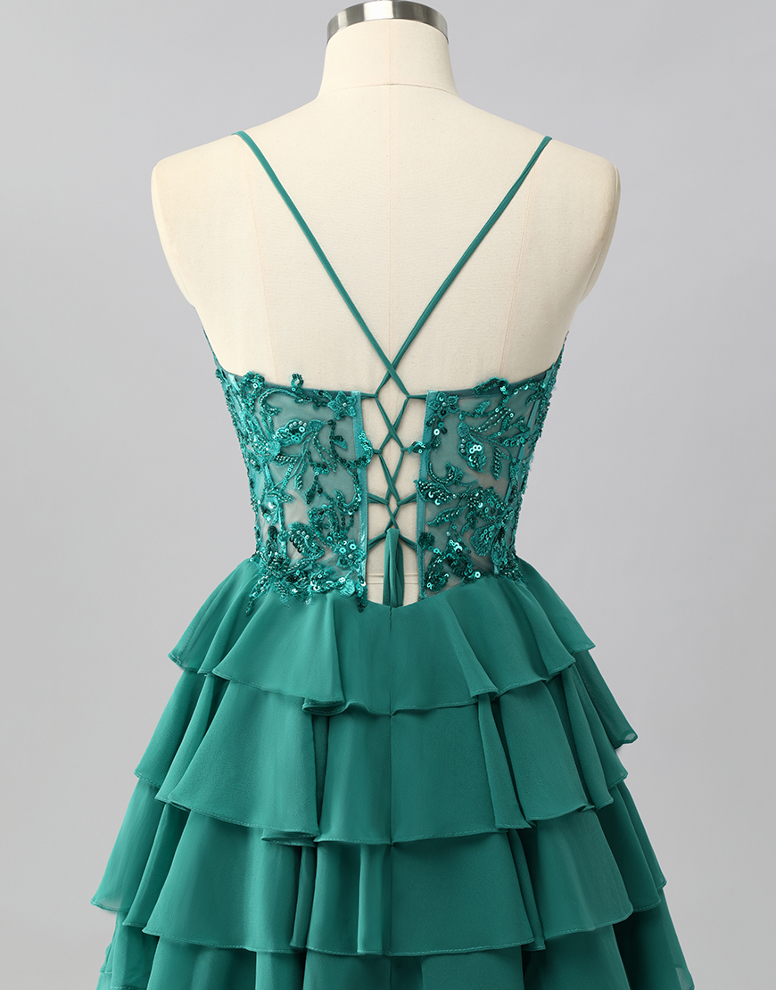 Sparkly Dark Green Short Corset Tiered Homecoming Dress with Beading