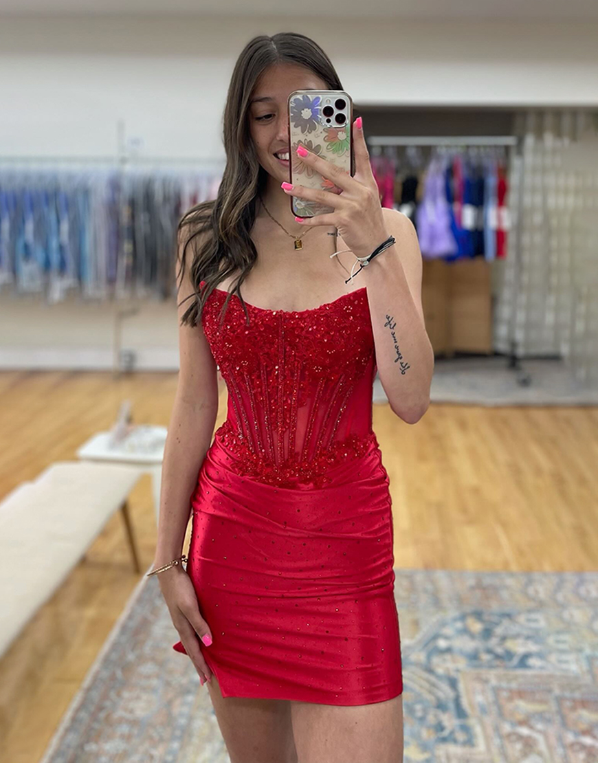 Light Blue Strapless Bodycon Satin Short Corset Homecoming Dress with Appliques