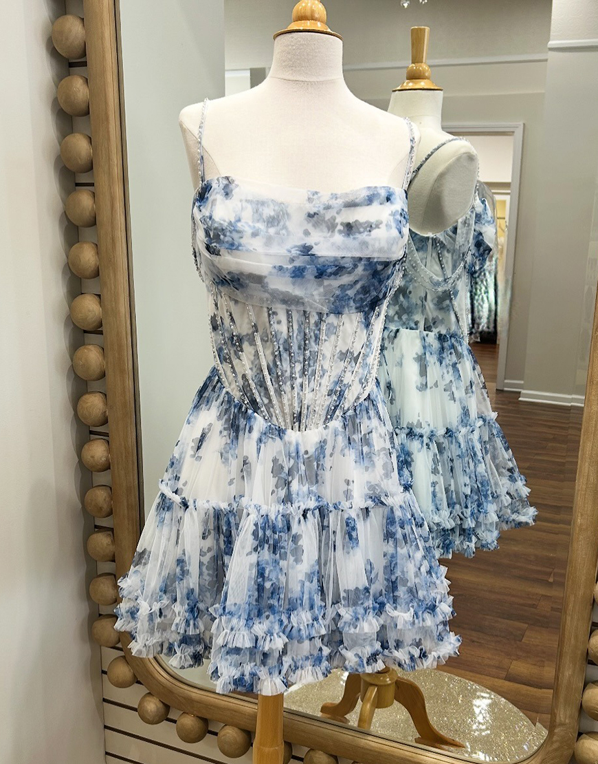 Blue Floral Cold Shoulder A-Line Short Corset Homecoming Dress with Ruffles