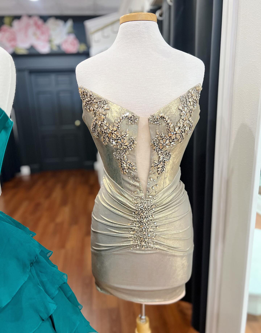 Sparkly Gold Strapless Bodycon Short Homecoming Dress with Beading