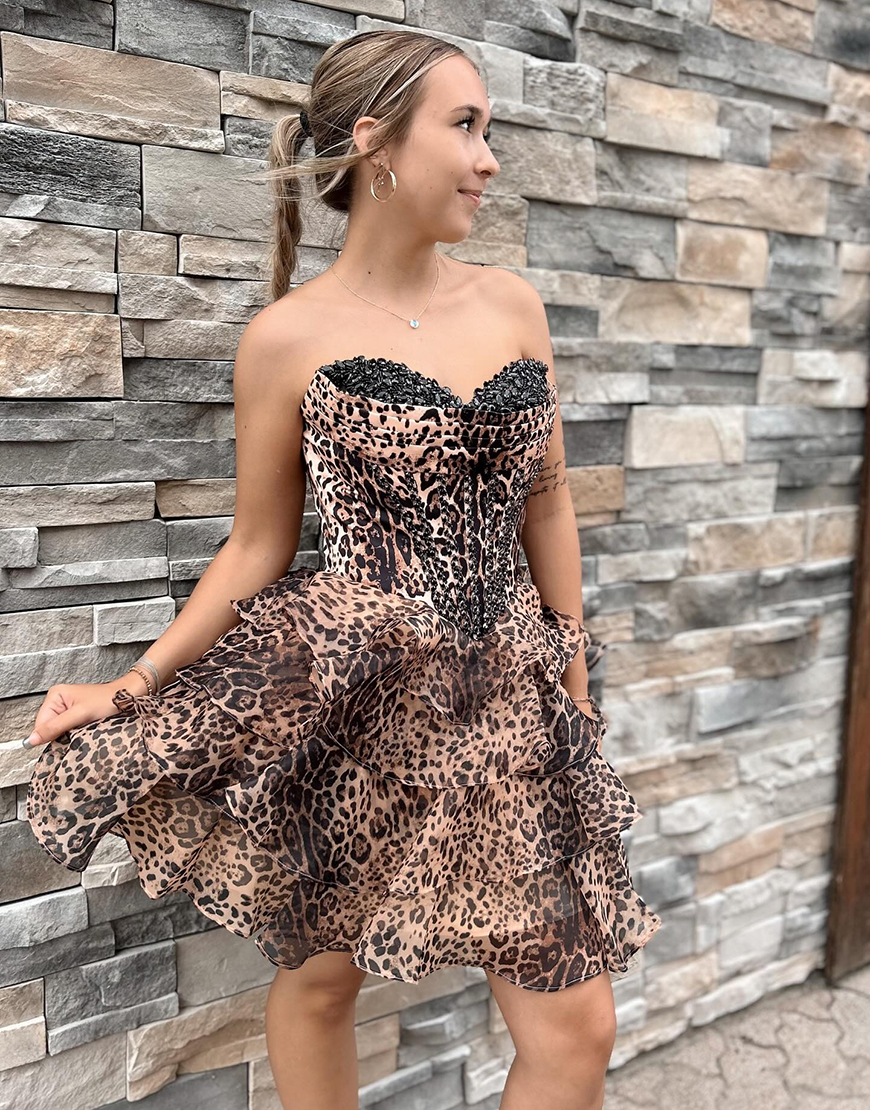 Sparkly Brown Leopard Sweetheart Tiered Short Corset Homecoming Dress with Beading