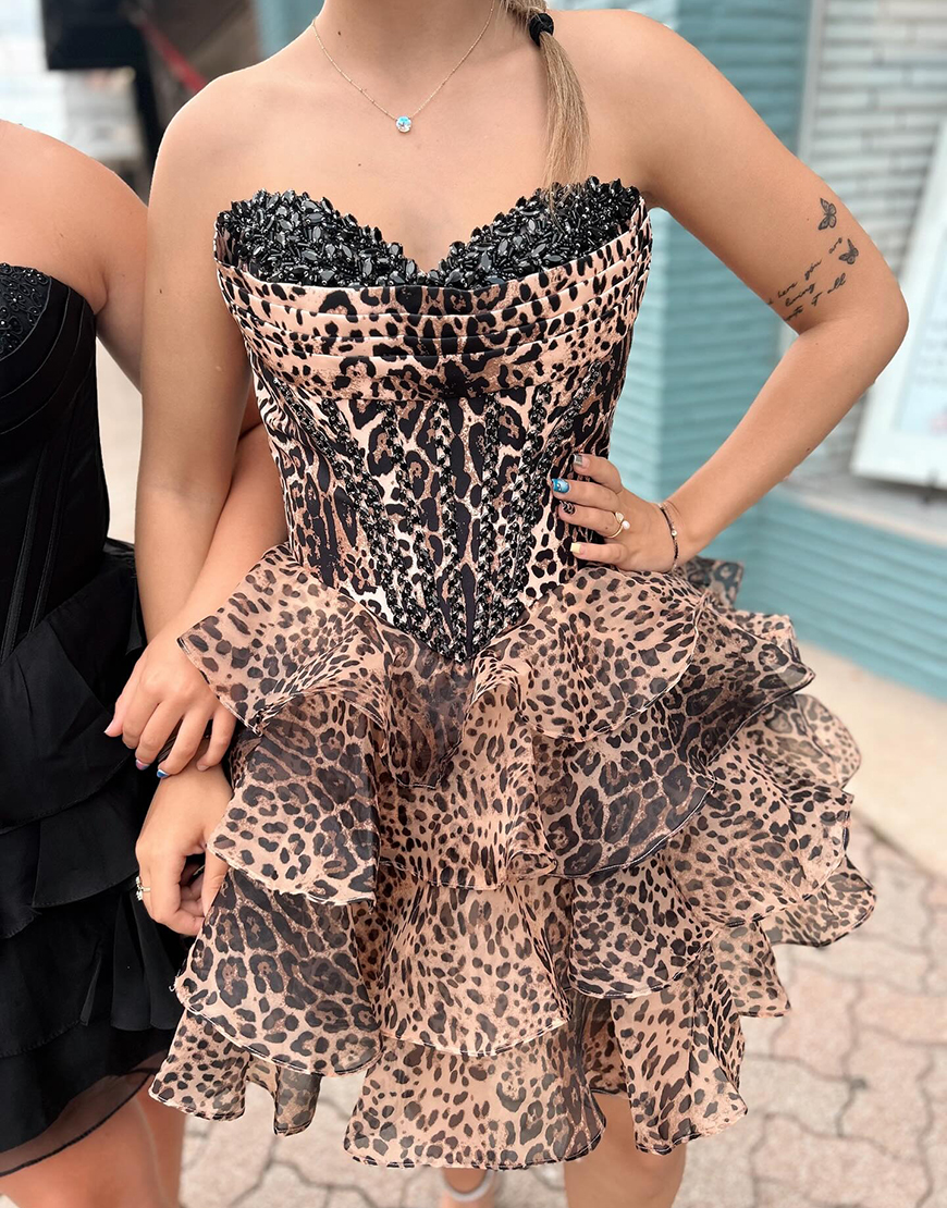 Sparkly Brown Leopard Sweetheart Tiered Short Corset Homecoming Dress with Beading