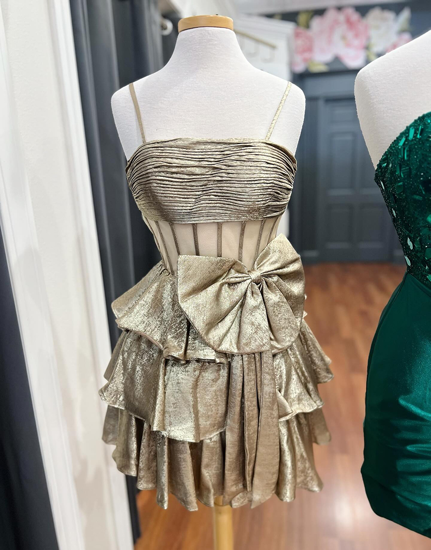 Sparkly Gold Metallic A-Line Tiered Short Corset Homecoming Dress with Bow