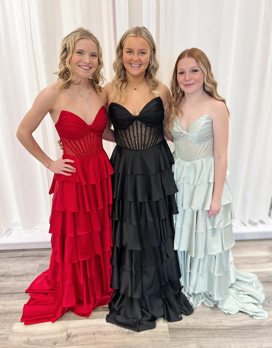 Sparkly Black Satin Ruffled A-Line Long Corset Prom Dress with Beading