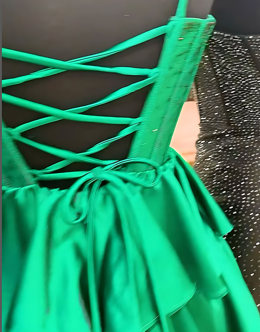 Sparkly Green Satin A-Line Ruffled Corset Short Homecoming Dress with Beading