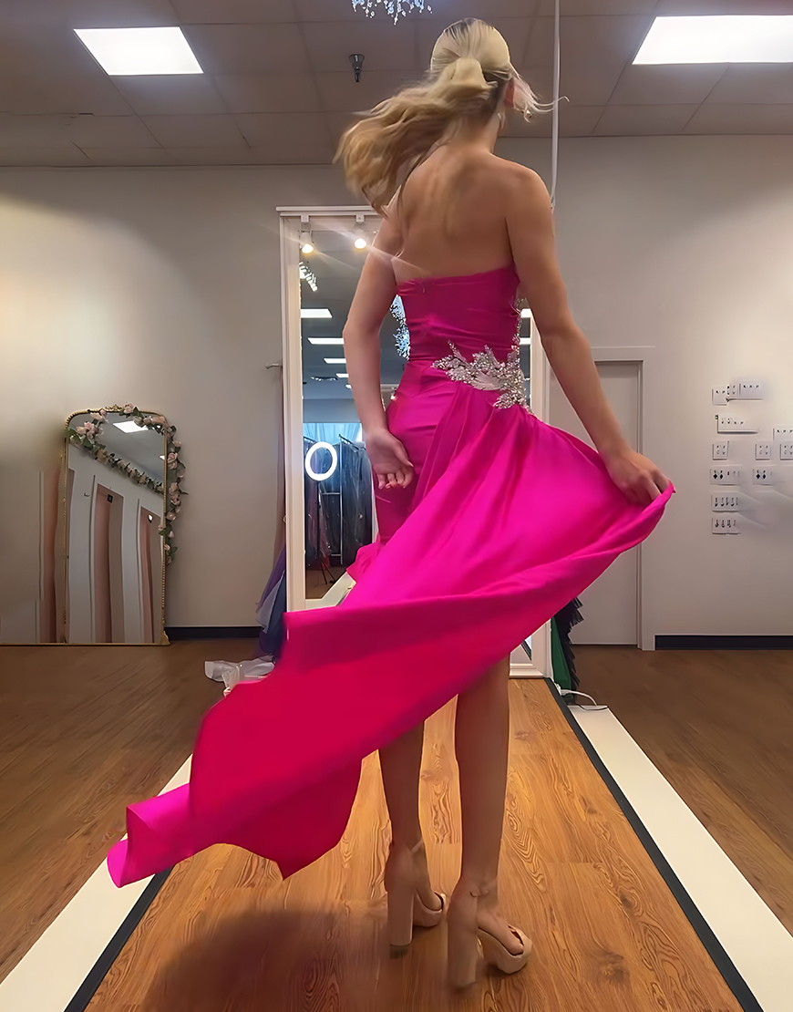 Fuchsia Satin Ruched Short Sweetheart Homecoming Dress with Side Cape