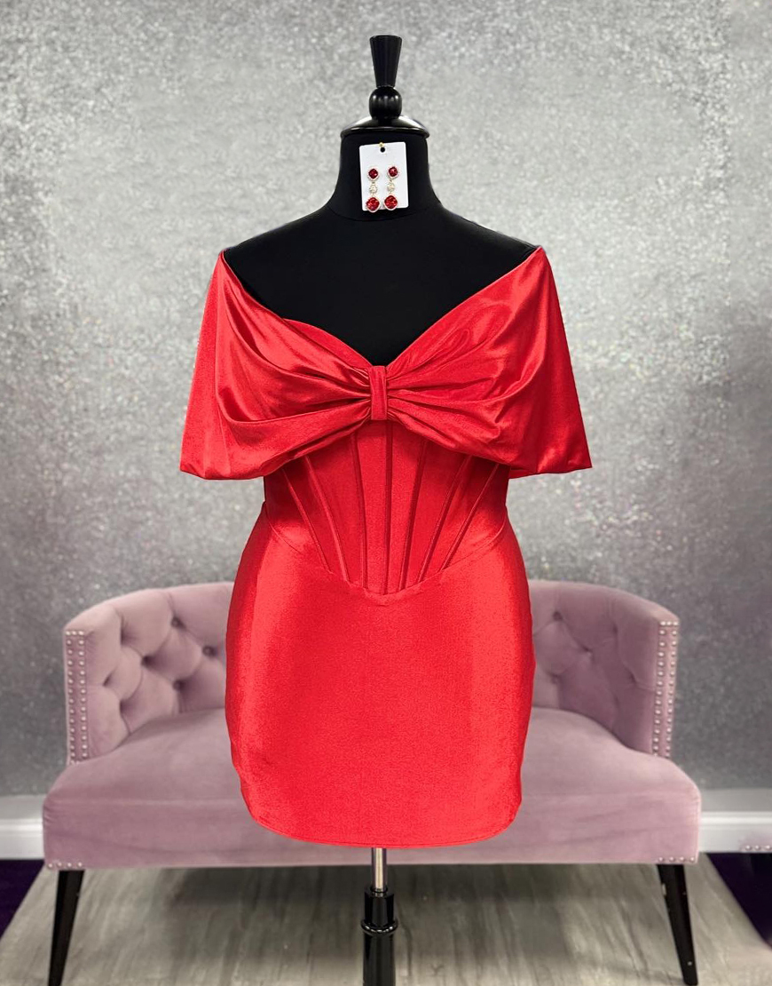 Red Satin Off the Shoulder Short Corset Homecoming Dress with Bow