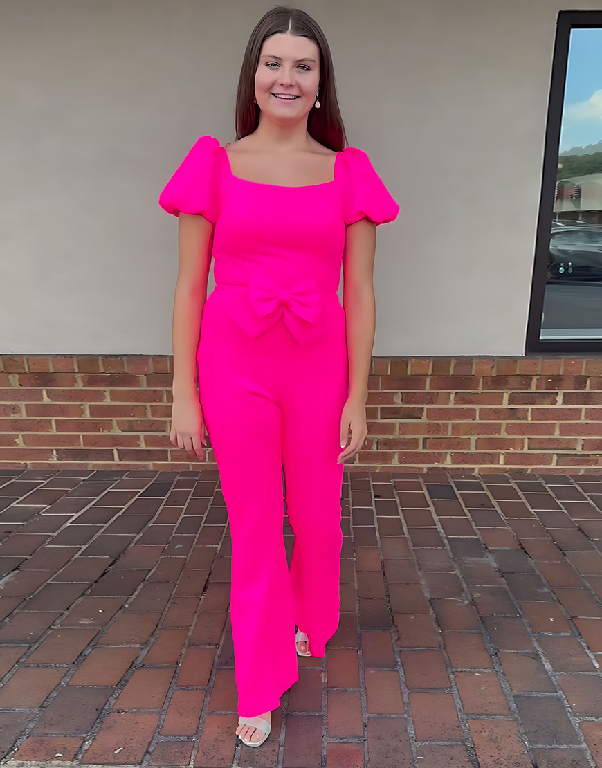 Fuchsia Puff Sleeves Square Neck Homecoming Jumpsuits with Bow