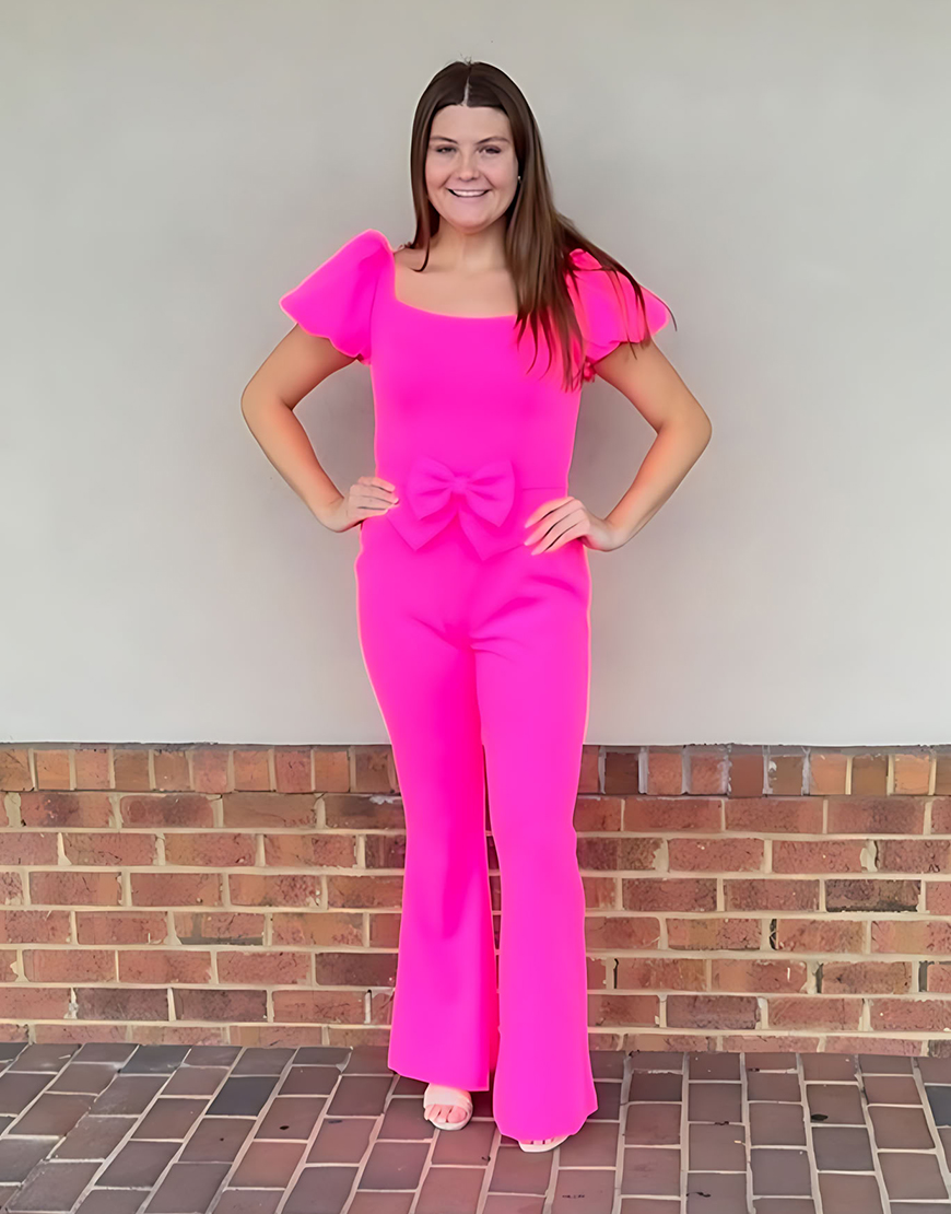 Fuchsia Puff Sleeves Square Neck Homecoming Jumpsuits with Bow