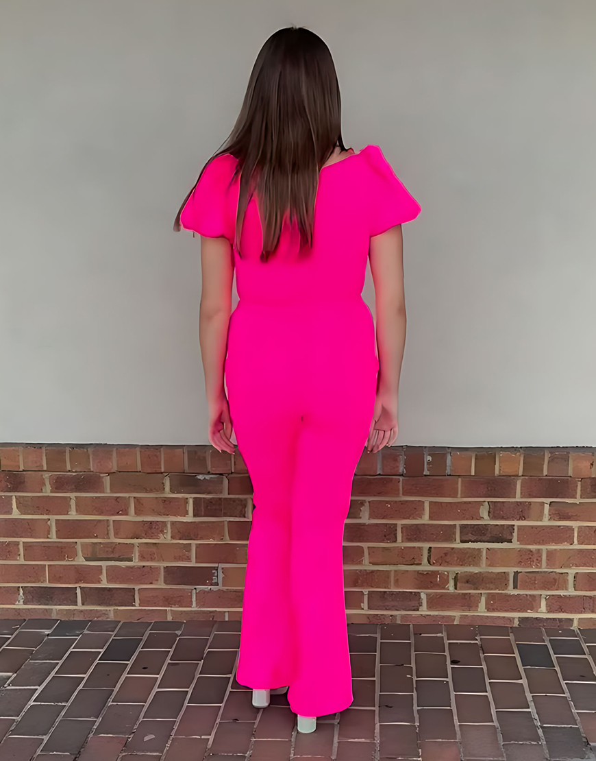 Fuchsia Puff Sleeves Square Neck Homecoming Jumpsuits with Bow