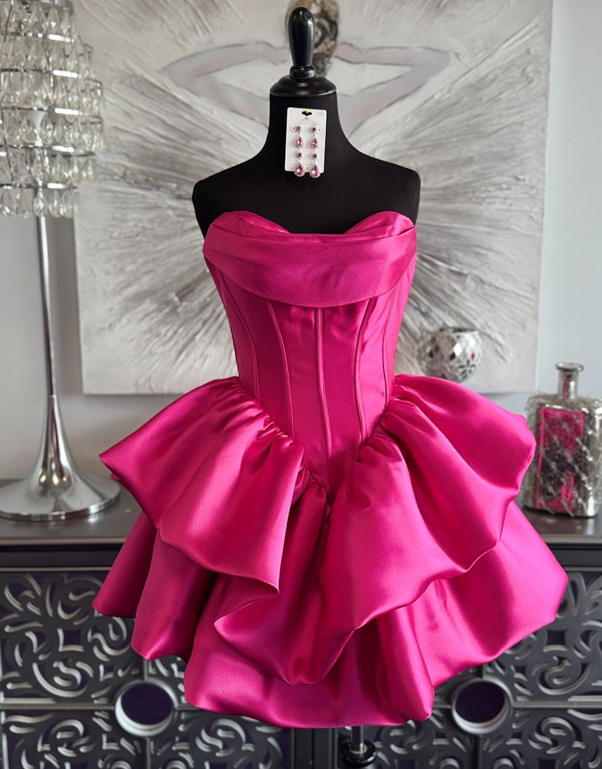 Fuchsia Satin A-Line Tiered Corsrt Short Homecoming Dress with Ruffles