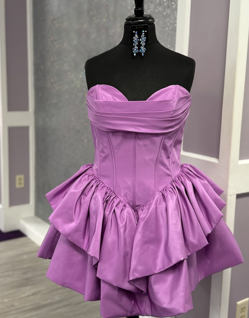 Fuchsia Satin A-Line Tiered Corsrt Short Homecoming Dress with Ruffles