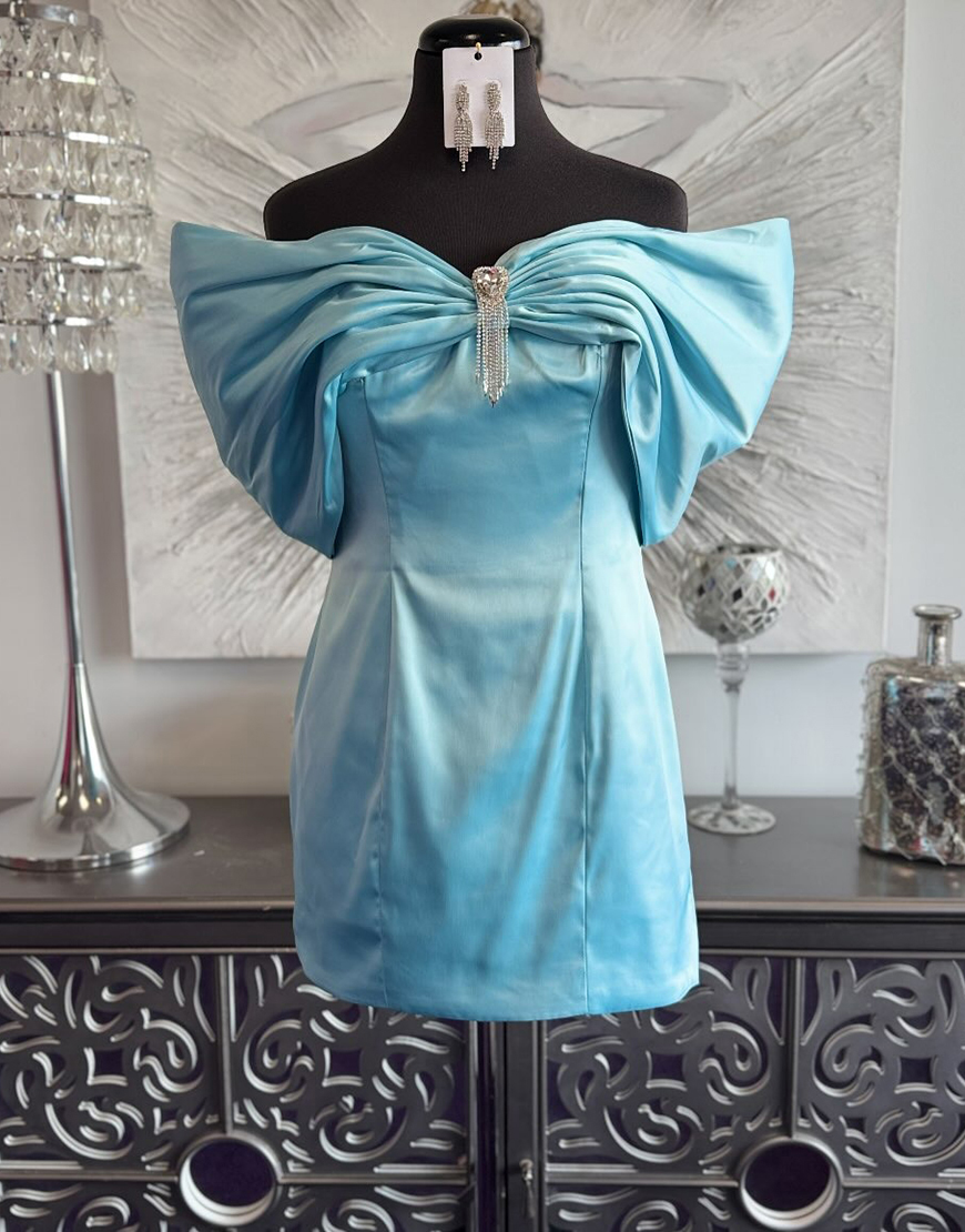Blue Off the Shoulder Satin Tight Ruched Short Homecoming Dress