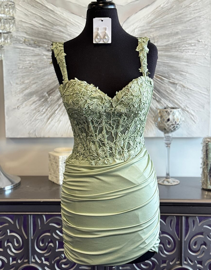 Sage Spaghetti Short Straps Bodycon Corset Homecoming Dress with Appliques