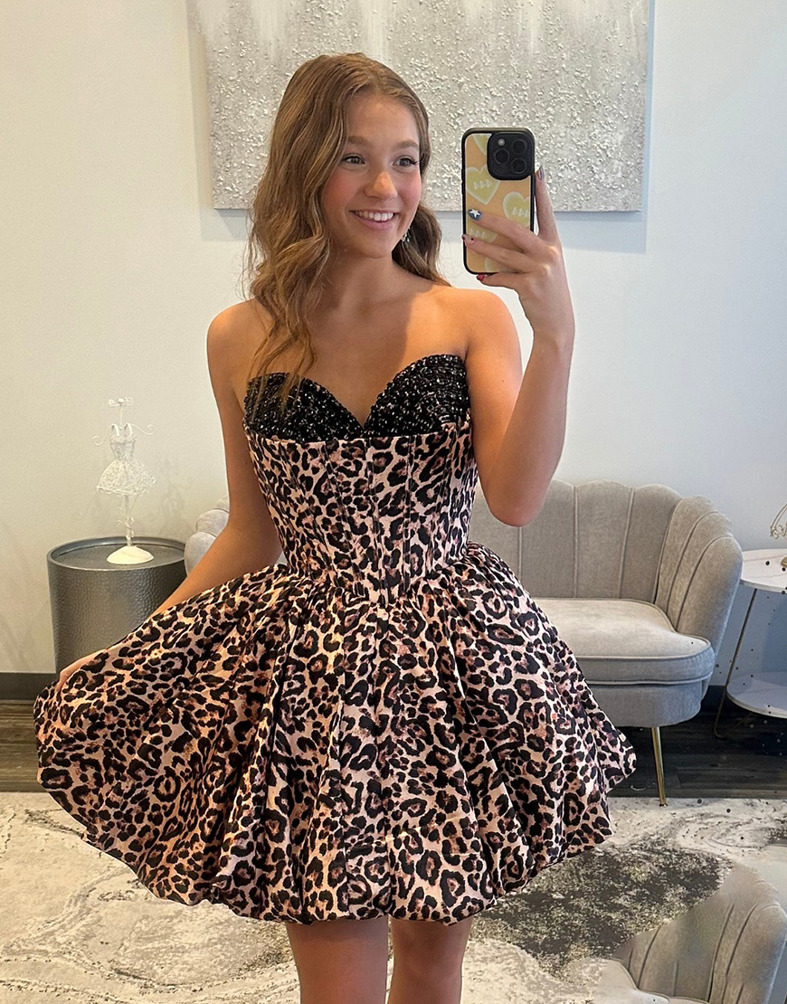 Sparkly Brown Leopard Sweetheart A-Line Short Corset Homecoming Dress with Beading