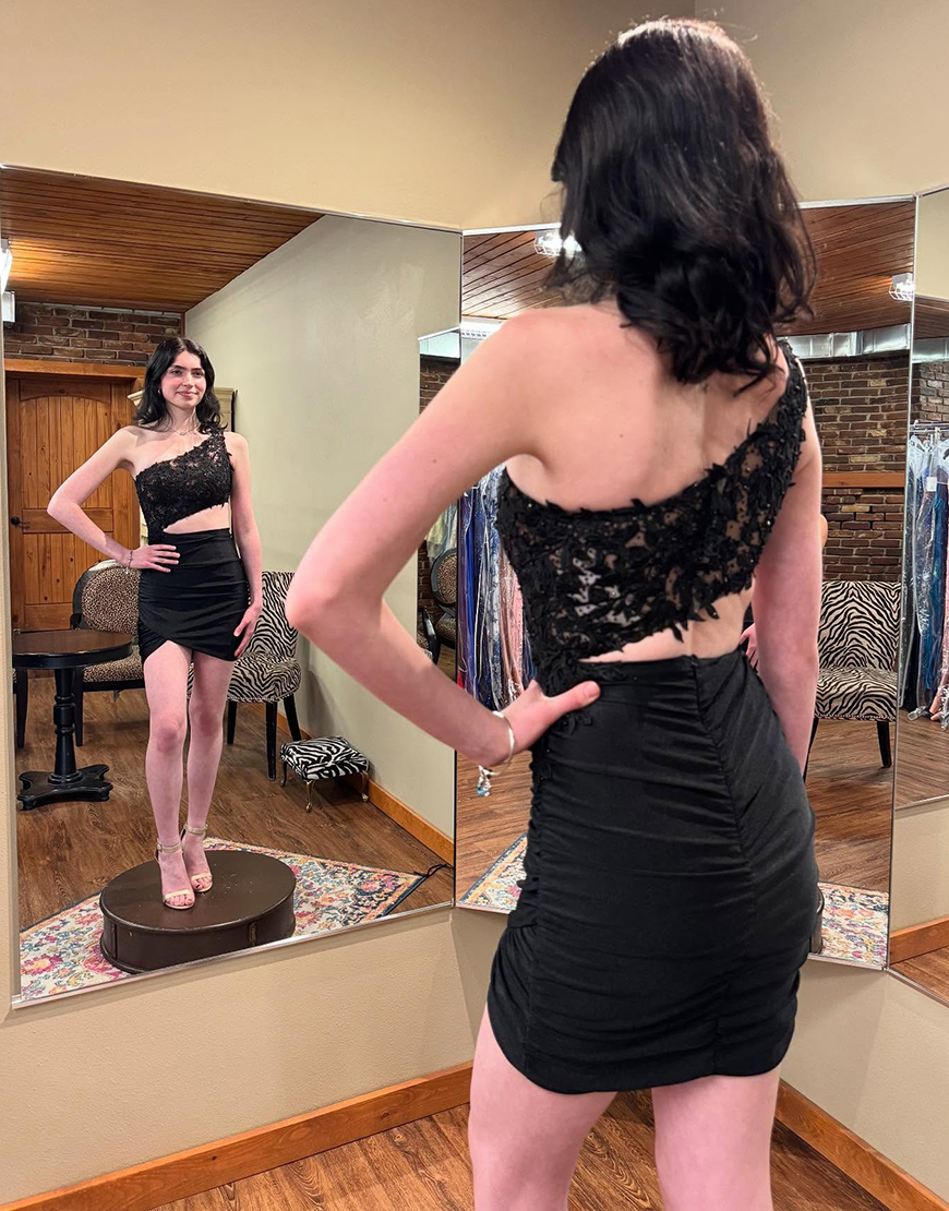 Black One Shoulder Cut-Out Short Bodycon Homecoming Dress with Appliques