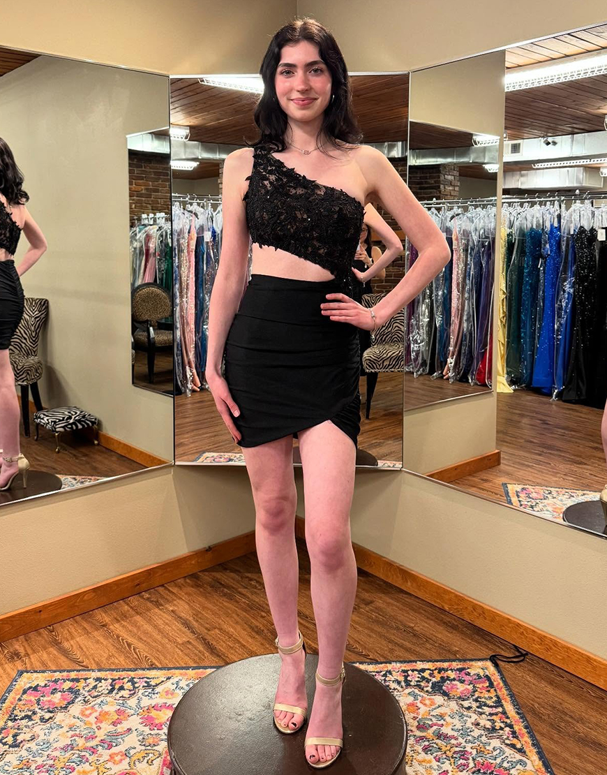 Black One Shoulder Cut-Out Short Bodycon Homecoming Dress with Appliques