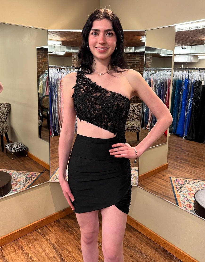 Black One Shoulder Cut-Out Short Bodycon Homecoming Dress with Appliques