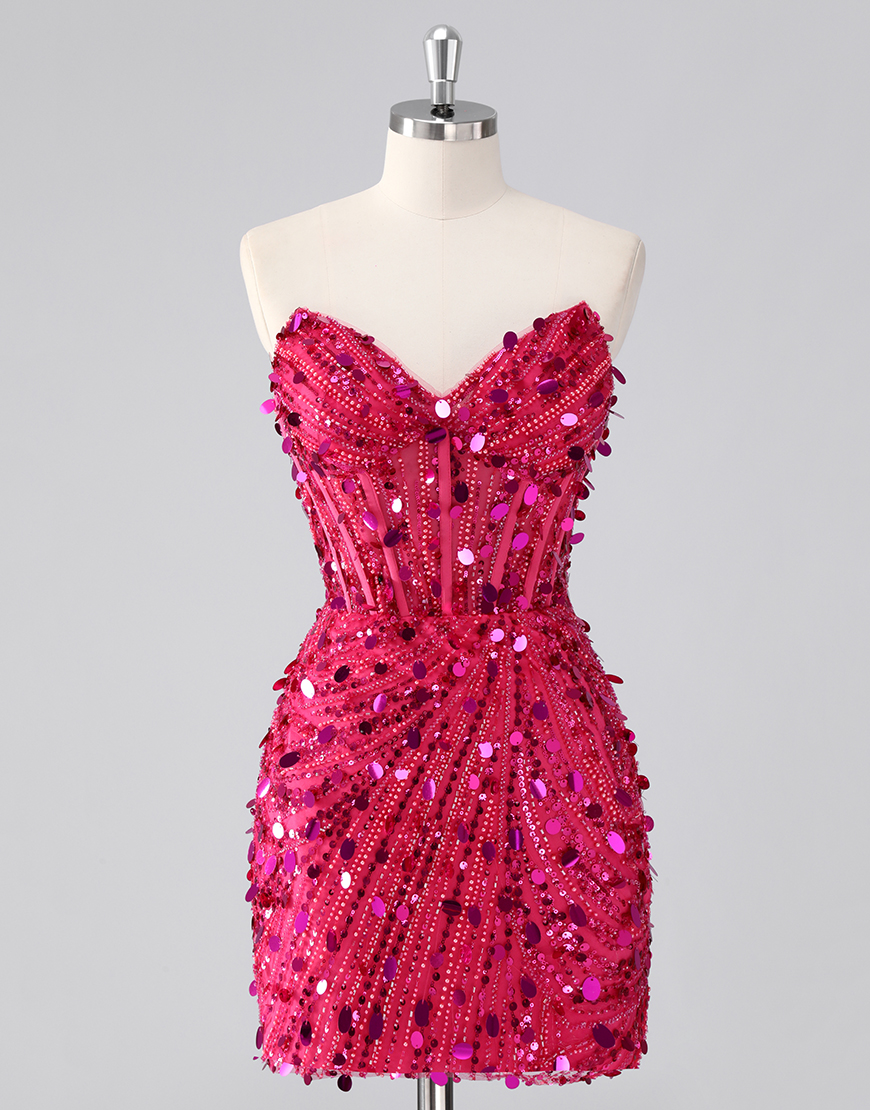 Berlinnova Women Sparkly Fuchsia Short Corset Homecoming Dress Sequin Tight Sweetheart Cocktail Party Dress