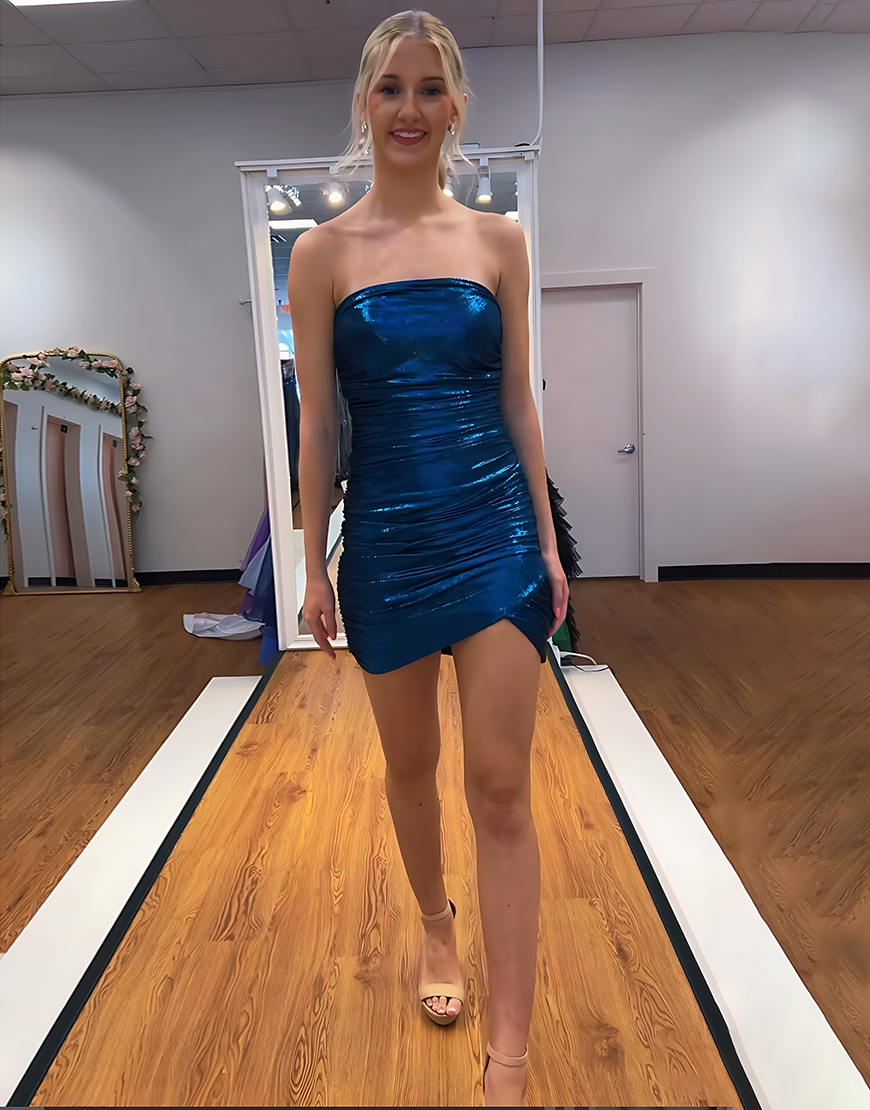 Sparkly Royal Blue Strapless Metallic Bodycon Ruched Short Homecoming Dress