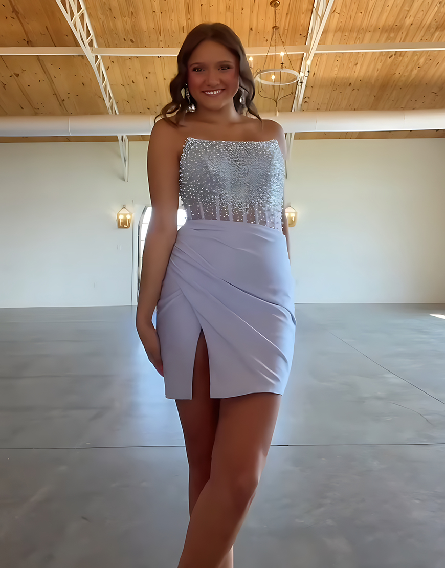 Sparkly Black Strapless Beaded Tight Short Satin Homecoming Dress with Slit