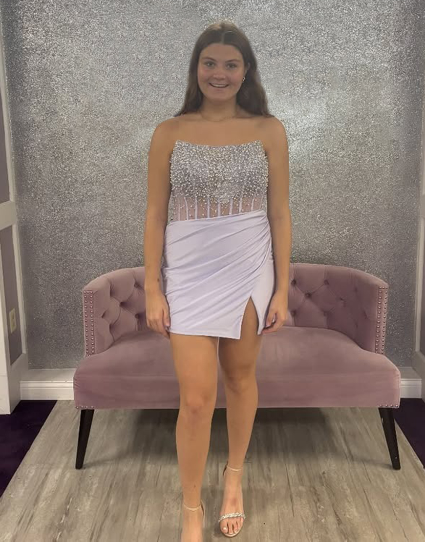 Sparkly Black Strapless Beaded Tight Short Satin Homecoming Dress with Slit