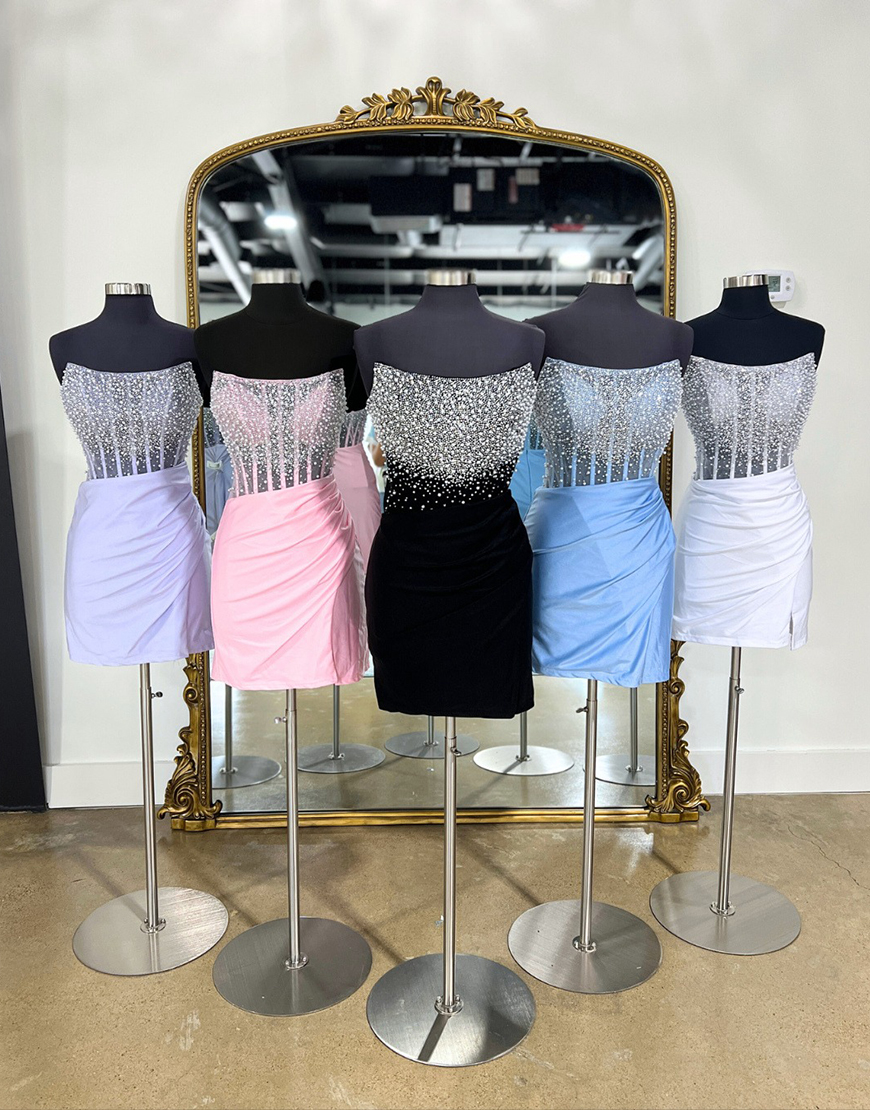 Sparkly Black Strapless Beaded Tight Short Satin Homecoming Dress with Slit