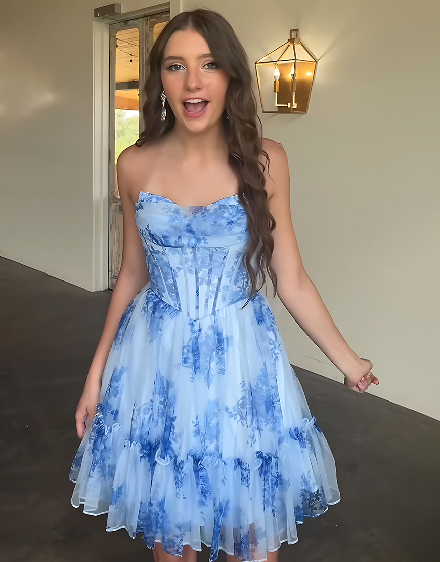 Blue Floral A-Line Sweetheart Short Corset Homecoming Dress with Ruffles
