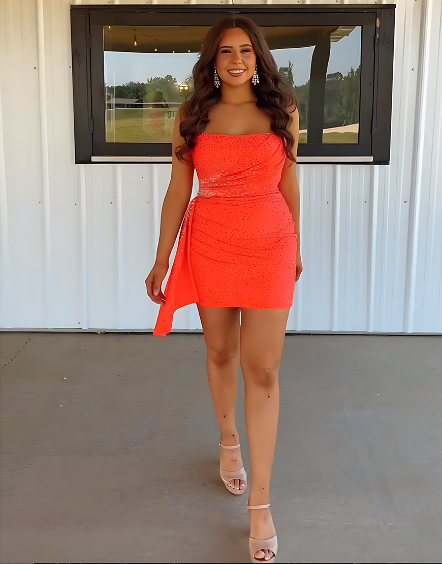 Sparkly Orange Short Strapless Beaded Tight Homecoming Dress with Side Cape