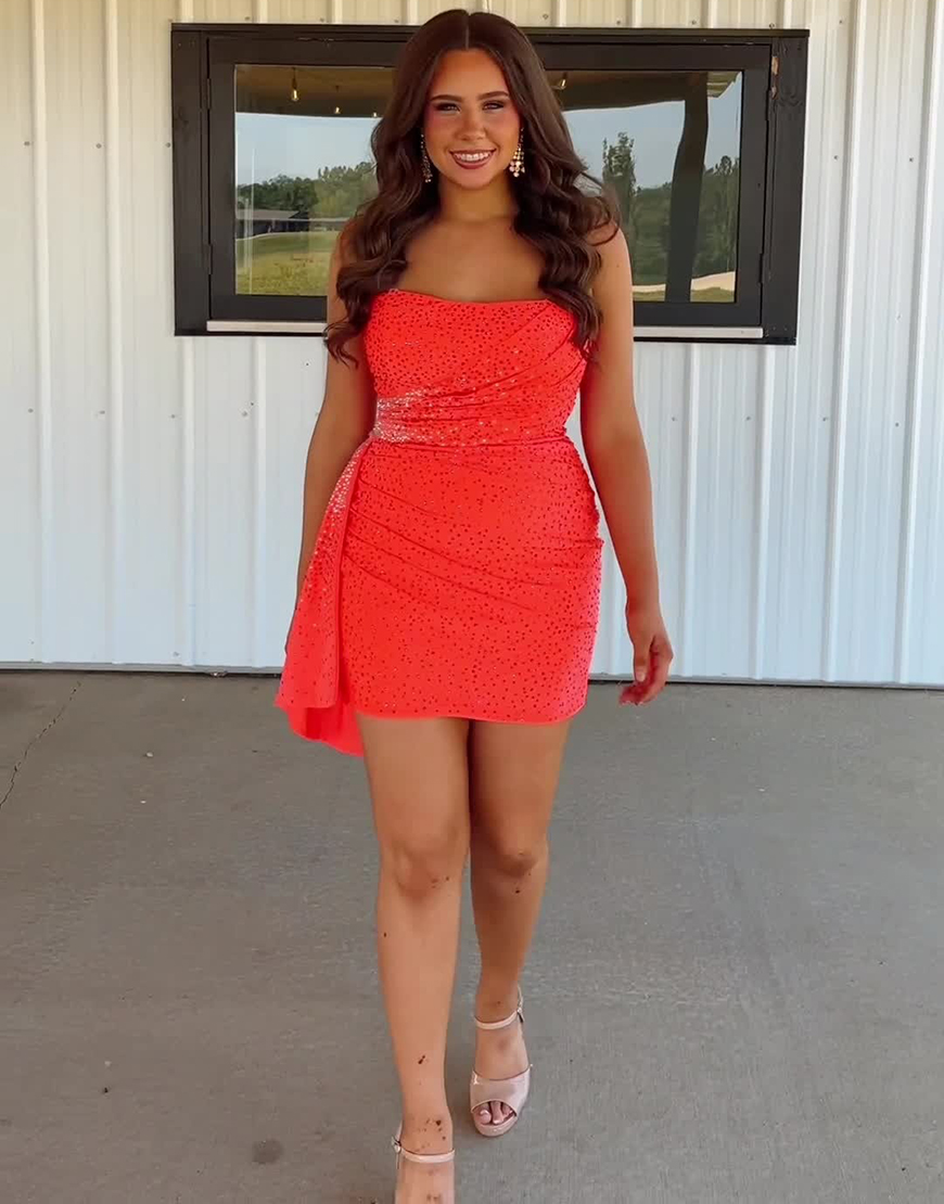 Sparkly Orange Short Strapless Beaded Tight Homecoming Dress with Side Cape