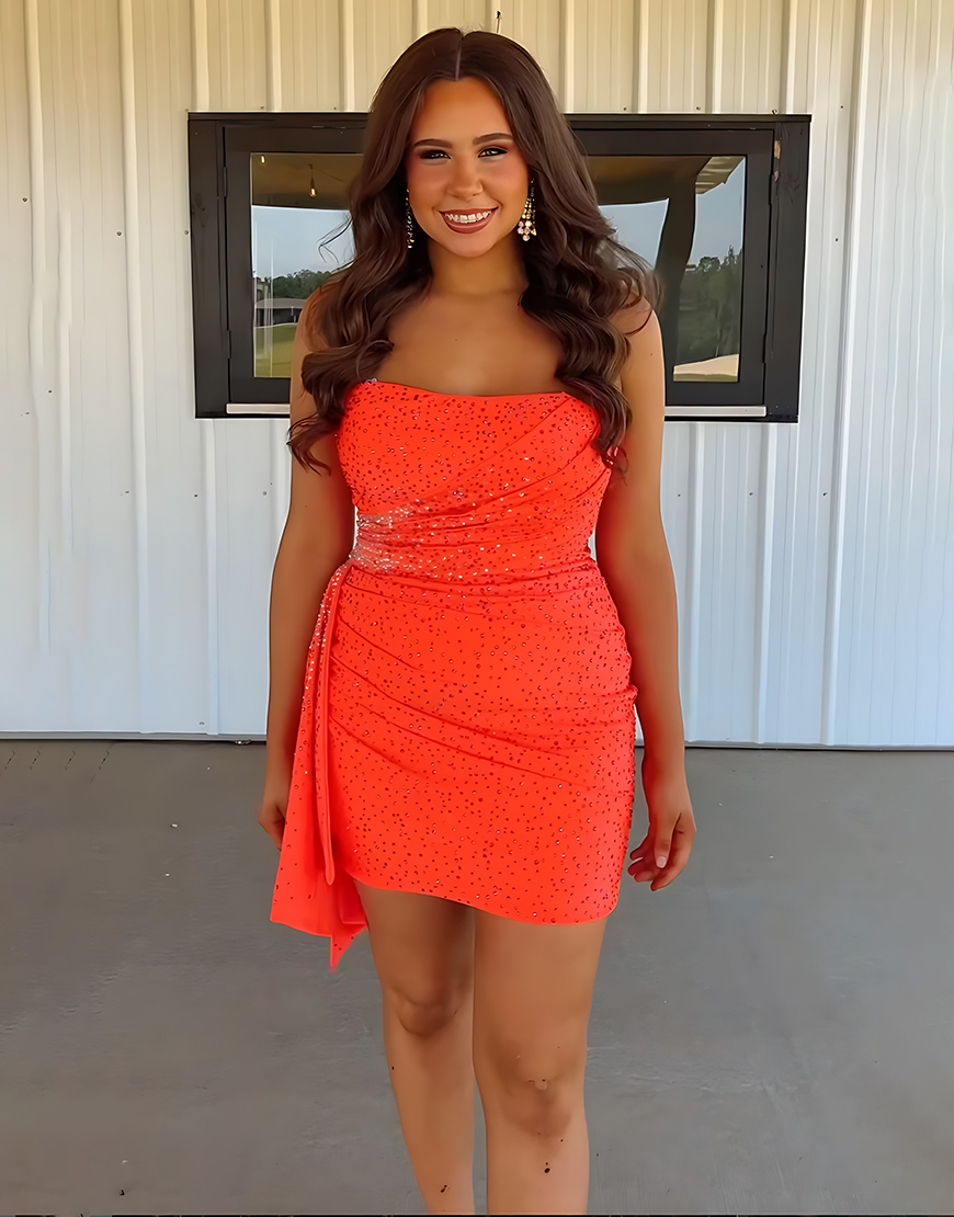 Sparkly Orange Short Strapless Beaded Tight Homecoming Dress with Side Cape