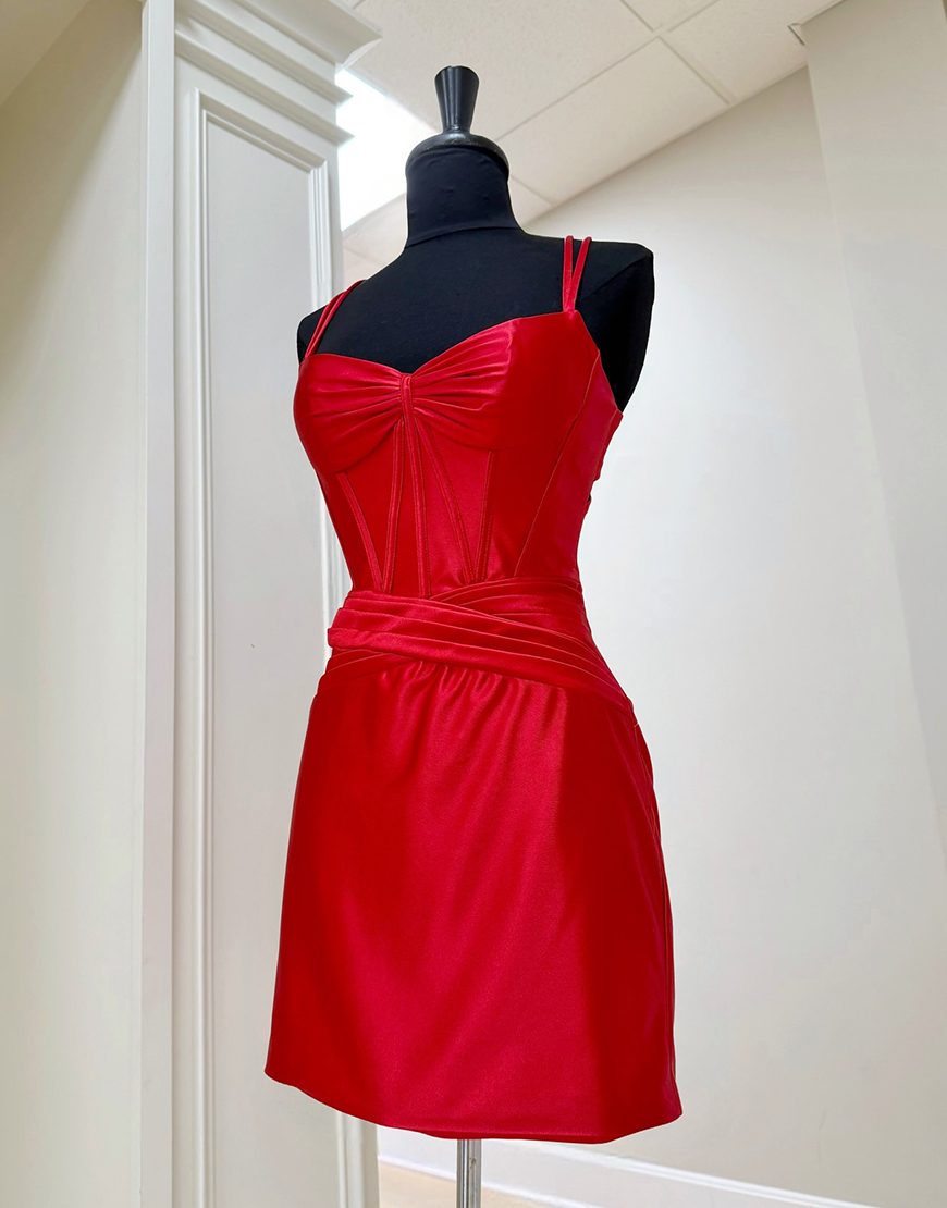 Red Satin Short Spaghetti Straps Ruched Corset Homecoming Dress