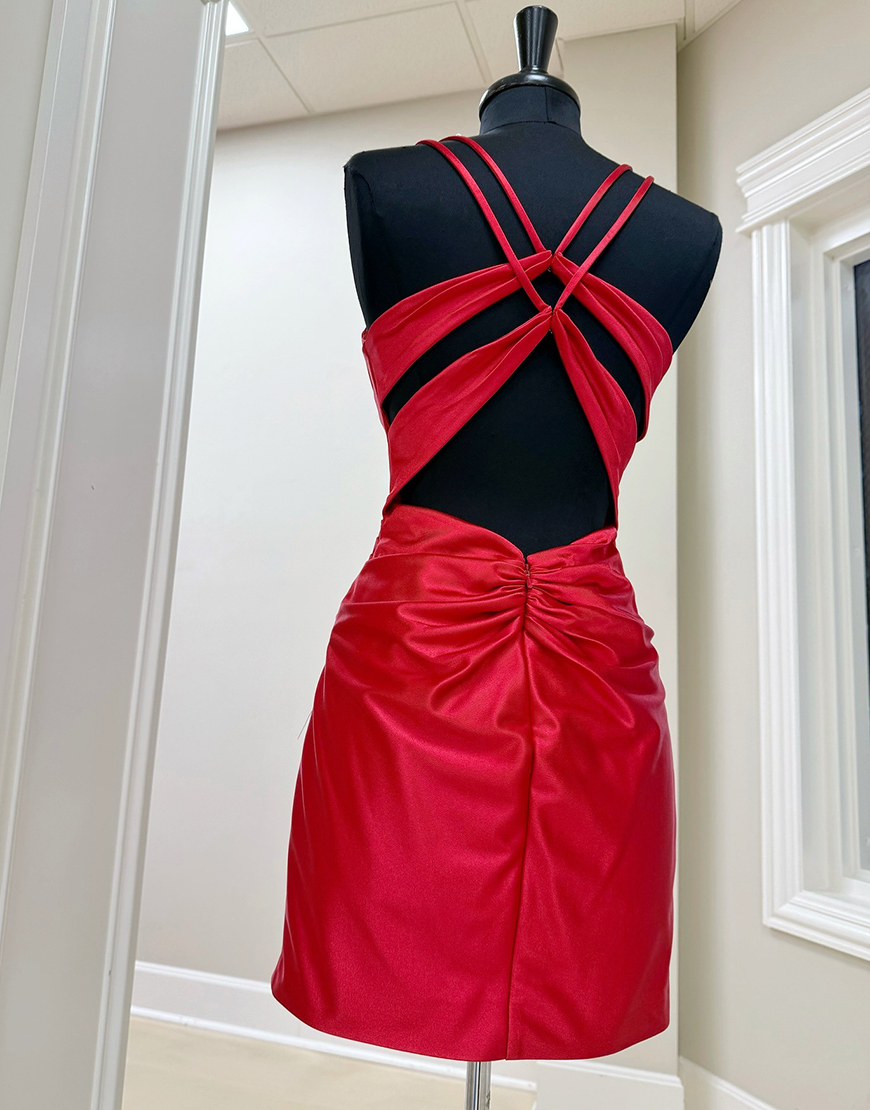 Red Satin Short Spaghetti Straps Ruched Corset Homecoming Dress