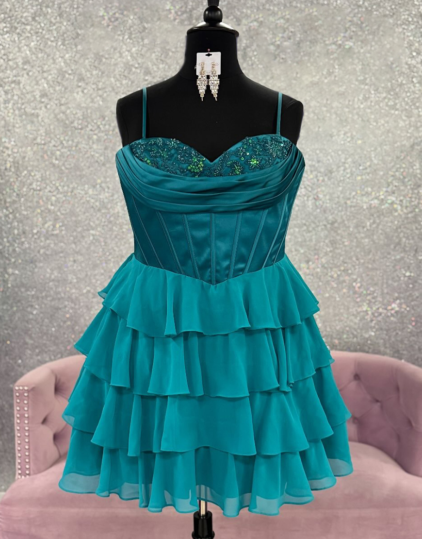Peacock Green A-Line Short Ruffled Corset Homecoming Dress with Beading