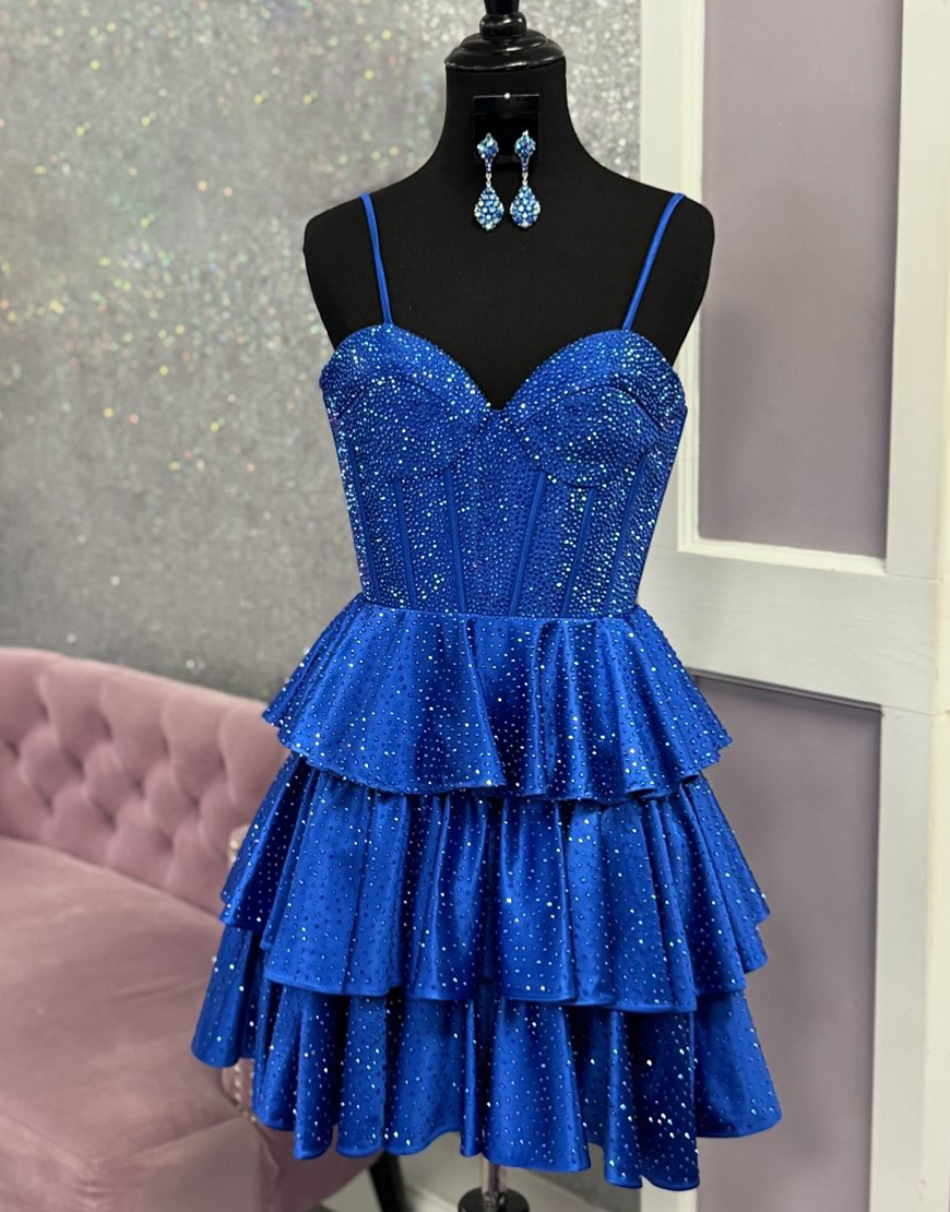 Sparkly Royal Blue Short Beaded A-Line Ruffled Corset Homecoming Dress