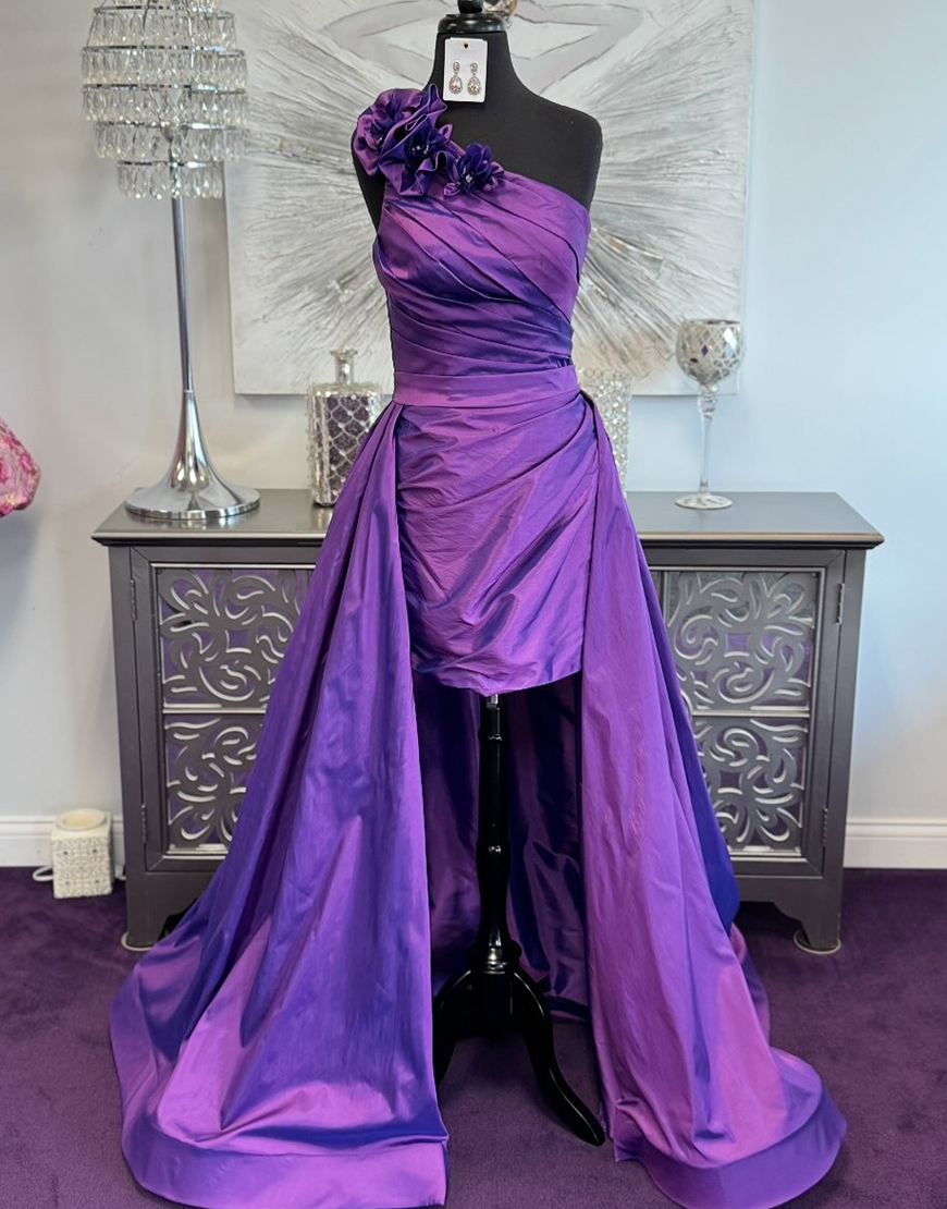 Purple One Shoulder Ruched Short Satin Homecoming Dress with Cape