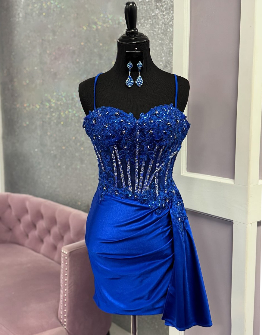 Sparkly Royal Blue Short Satin Beaded Corset Homecoming Dress with Appliques