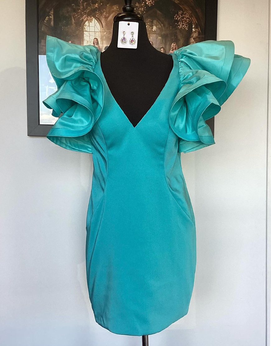 Simple Green Short V-Neck Satin Homecoming Dress with Ruffles