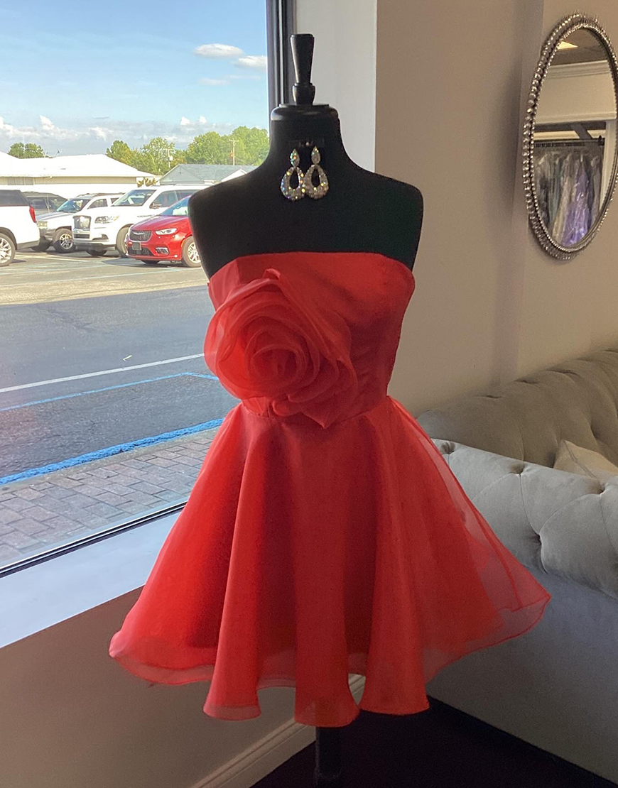 Red Strapless A-Line Short Organza Homecoming Dress with 3D Flower