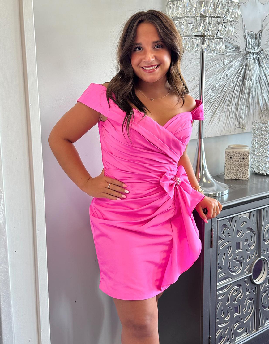 Fuchsia Off the Shoulder Short Satin Ruched Homecoming Dress with Bow