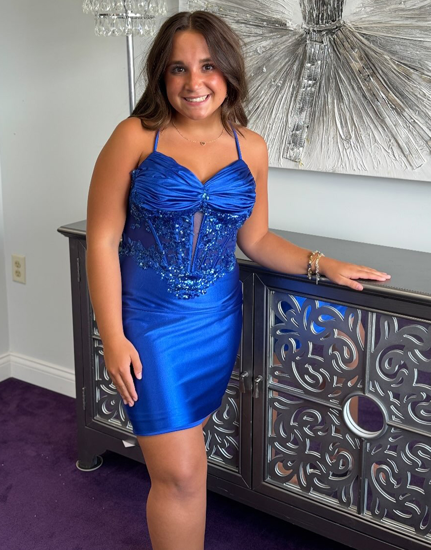 Sparkly Royal Blue Corset Tight Short Satin Homecoming Dress with Sequins